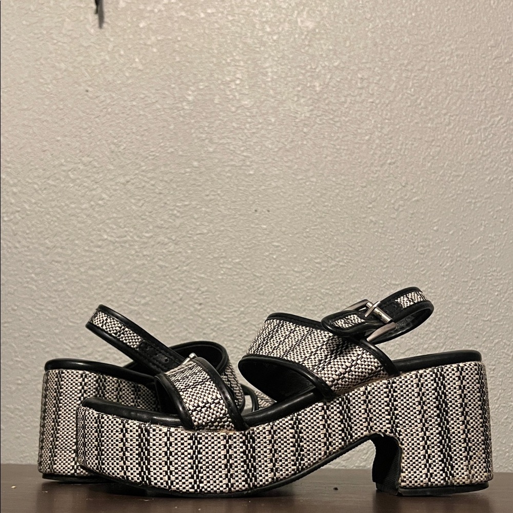 Woven Black and White Platform Slingback Heels